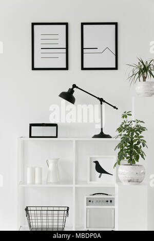 Piante e lampada nero su bianco Ripiani in minimo soggiorno interno con poster Foto Stock