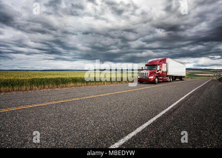 Commerciale di guida carrello se i campi di grano di Eastern Washington, Stati Uniti d'America al tramonto. Foto Stock