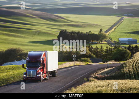 Commerciale di guida carrello se i campi di grano di Eastern Washington, Stati Uniti d'America al tramonto. Foto Stock