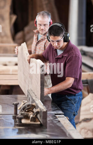 Team di due uomini caucasici il taglio di una grande lastra di legno su una sega da tavolo in una fabbrica per la lavorazione del legno. Foto Stock