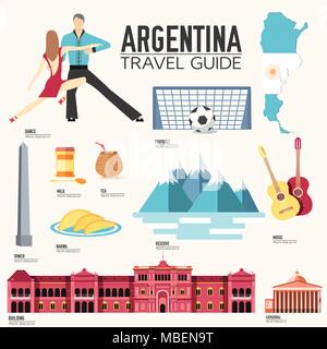 Paese Argentina travel vacation guide delle merci, i luoghi e le funzioni. Set di architettura, moda, persone, oggetti o natura concetto di sfondo. Una infografica modello di progettazione per il web e i dispositivi mobili Illustrazione Vettoriale