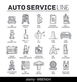 Auto service concetto. Linea sottile le icone con sfondo piatto design. Lavoratore di riparazione meccanica di un auto in garage. Stazione di veicolo con attrezzi di officina Illustrazione Vettoriale