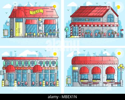 Set di esterni di poco carino cafe edifici sulla strada. Il layout moderno vettore illustrazione di background design concept Illustrazione Vettoriale