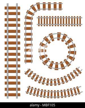 Set di vettore ferrovia e vie di elementi da costruzione. Rette e curve via ferrovia. Struttura di pista per il traffico con il treno. Vector illu Illustrazione Vettoriale