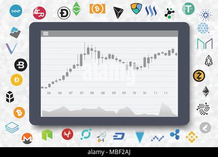 Schema grafico e cryptocurrency sul tablet. Trading design concept. Illustrazione Vettoriale. Design piatto. Illustrazione Vettoriale