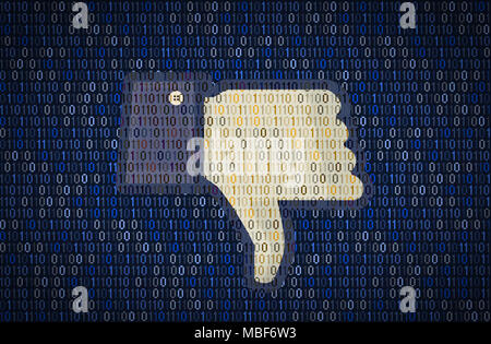 GALATI, Romania - 10 Aprile 2018: Facebook pollice verso i problemi di sicurezza e privacy. Dati concetto di crittografia Foto Stock