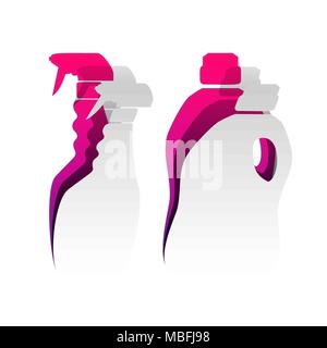 Prodotti chimici di uso domestico bottiglie segno. Vettore. Carta staccabile con ombra al sottostante strato con magenta-violetta sfondo. Illustrazione Vettoriale