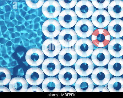 Unico galleggiante rosso anello blu tra gli anelli di flottazione in piscina. Il rendering 3D Foto Stock