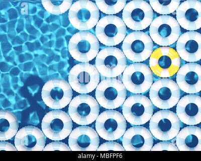 Giallo unico anello galleggiante tra blu anelli galleggiante in piscina. Il rendering 3D Foto Stock