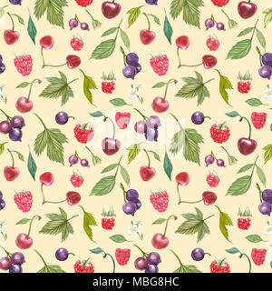 Set di disegnato a mano le bacche isolati su sfondo bianco. Ribes nero, ciliegia, lampone. Mano ad acquerello bozzetto bacche. Modello senza giunture. Foto Stock