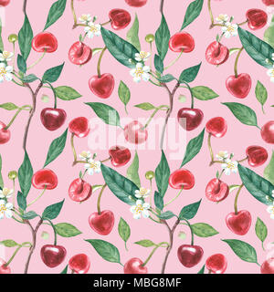 Disegnate a mano acquerello ghirlanda di fiori di ciliegio e foglie illustrazione. Acquerello illustrazione botanica seamless pattern. Foto Stock