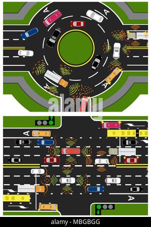 Circolazione delle macchine intelligenti autonome. La scansione di strade, interazione. Fermate automatiche e il traffico in un cerchio del diametro di attraversamento e lungo una strada rettilinea. illustrazione. Illustrazione Vettoriale