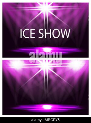 Due carte. L iscrizione è un ice show. Fase di illuminazione, podio, faretti. Coriandoli è volare. Sfondo viola. illustrazione Illustrazione Vettoriale