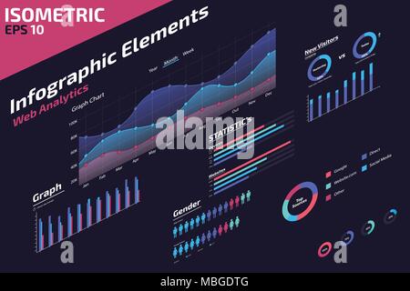 Infografico isometrica Web elementi analitici design Illustrazione Vettoriale