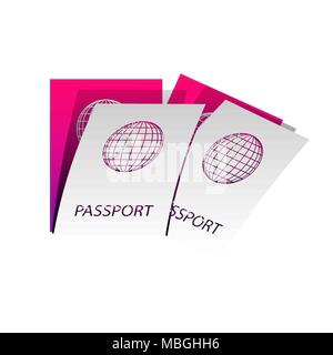 Due passaporti illustrazione di segno. Vettore. Carta staccabile con ombra al sottostante strato con magenta-violetta sfondo. Illustrazione Vettoriale