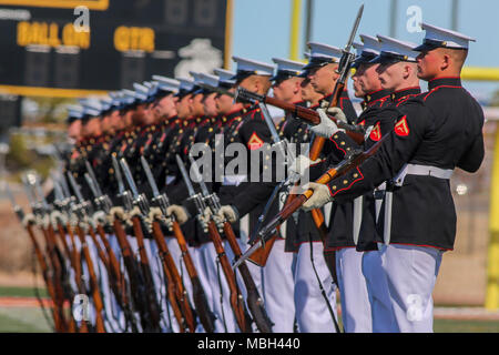 Marines con gli Stati Uniti Marine Corps Silent Drill Platoon eseguire loro "long-line" in sequenza durante un tour della costa ovest di prestazioni a Marine Corps Air Ground Centro di combattimento, venti nove palmi, ca. 14 marzo 2018. Il comandante generale della base, il Mag. Gen. William F. Mullen II, fu ufficiale di hosting per la cerimonia. Foto Stock