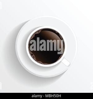 Top realistico visualizza black tazza da caffè con piattino isolati su sfondo bianco. illustrazione Illustrazione Vettoriale