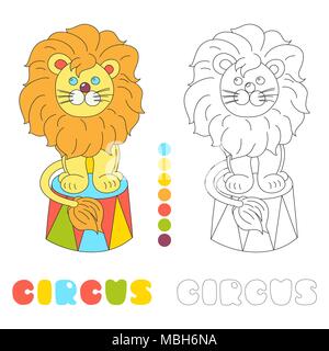 Funny Leone seduto in un circo arena carattere vettoriale i bambini Colorare pagina del libro Illustrazione Vettoriale