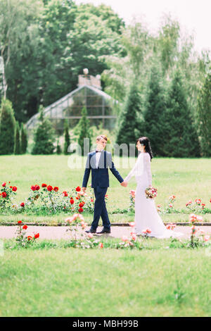 Gli sposi si tengono per mano e passeggiate nel parco. Foto Stock