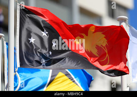 La bandiera della Papua Nuova Guinea su un palo a Giochi del Commonwealth Foto Stock