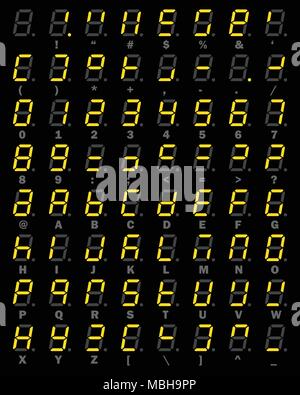LED giallo numero digitale e alfabeto simbolo set di sette tipo di segmento su sfondo nero per il Graphic idea design concept Illustrazione Vettoriale