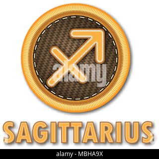 Patch ricamato lavoro del Sagittario segno zodiacale simbolo icona per vector graphic design concept idea Illustrazione Vettoriale