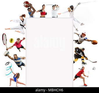 Sport collage circa kickboxing, calcio, football americano, basket, hockey su ghiaccio, badminton, taekwondo, tennis, rugby Foto Stock