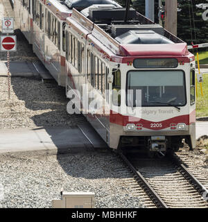 Calgary, Alberta, Canada. 24 Ago, 2016. Un transito di Calgary (CTS) light rail (LRT) C-treno parte da pesce stazione Creek-Lacombe sul sistema del transito di ''Linea Rossa, ' Calgary, Alberta, Canada. Credito: Bayne Stanley/ZUMA filo/Alamy Live News Foto Stock