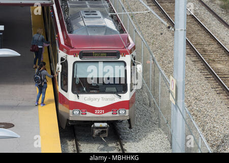 Calgary, Alberta, Canada. 24 Ago, 2016. I passeggeri a bordo di un transito di Calgary (CTS) light rail (LRT) C-treno a pesce stazione Creek-Lacombe sul sistema del transito di ''Linea Rossa, ' Calgary, Alberta, Canada. Credito: Bayne Stanley/ZUMA filo/Alamy Live News Foto Stock