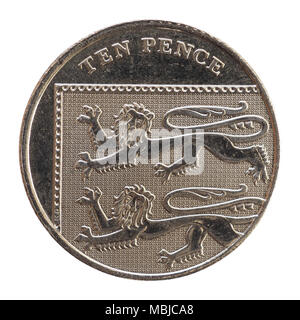 10 pence battere moneta (GBP), valuta del Regno Unito isolate su sfondo bianco Foto Stock