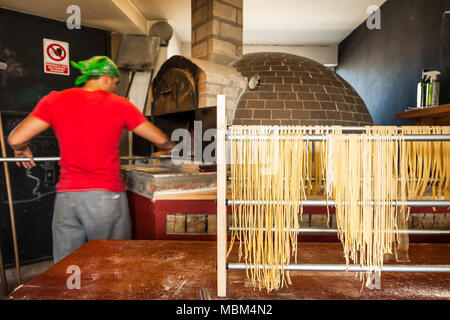 Tagliatelle fatte in casa essiccazione su supporto di alluminio Foto Stock