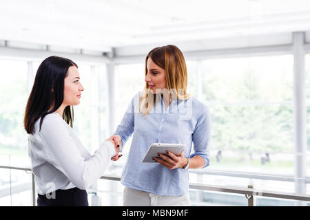 Due business womens in piedi e parlare mentre si fa stretta di mano Foto Stock