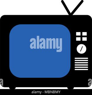 Nero tv retrò disegno vettoriale. Uno stile piatto vettore. Icona televisiva, simbolo con schermata blu isolato su sfondo bianco, superficie. Illustrazione Vettoriale