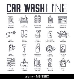Sottile linea di lavoro lavaggio auto con diverse attrezzature attrezzo concetto. Profilo piatto Servizio di lavaggio auto edificio posto. Illustrazione Vettoriale icona del design Illustrazione Vettoriale
