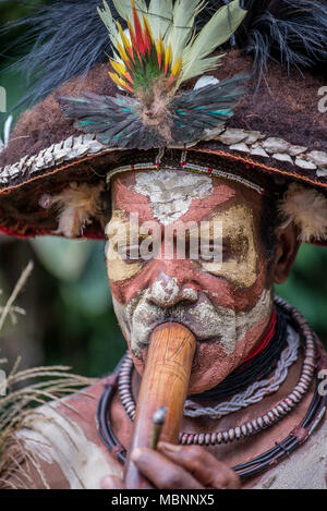Un Huli wigman con faccia dipinta fuma a partire da un tubo di bambù, Tari Valley, Papua Nuova Guinea Foto Stock
