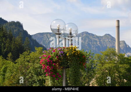 Vista la lanterna su un ponte sopra il fiume Lech con fiori e sullo sfondo le Alpi, Füssen Baviera, Germania Foto Stock