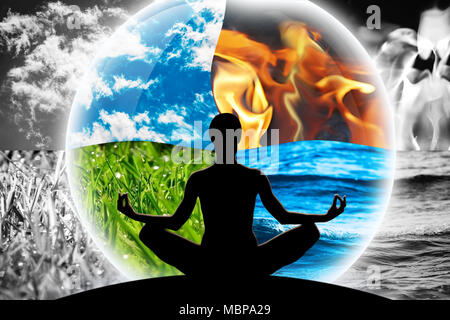Yoga femmina figura in una sfera trasparente, composto da quattro elementi naturali (acqua, fuoco, terra, aria) su uno sfondo realizzato in bianco e nero elemen Foto Stock