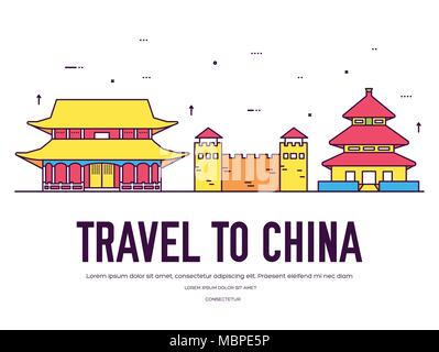 Ountry Cina travel vacation di luogo e di funzione. Set di architettura, la voce della natura il concetto di sfondo. Una infografica tradizionali piatti etnici, contorno, thin line icona Illustrazione Vettoriale