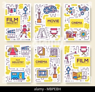 Set di linea sottile cinema vacanza il concetto di pattern. Arte tradizionale, rivista, libro, poster, astratta, banner, l'elemento. Vector outline package biglietto di auguri o un invito del background di design Illustrazione Vettoriale