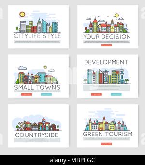 Set di dello skyline della citta' e le periferie di diversi edifici nella skyline. Linea sottile illustrazione vettoriale design concept Illustrazione Vettoriale