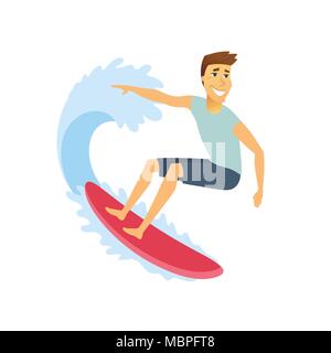 Surfer cavalcando l'onda - cartoon persone isolate di carattere illustrativo Illustrazione Vettoriale