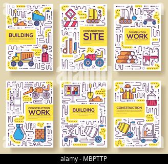Linea sottile di persone a lavori stradali brochure set di schede. Veicoli pesanti rendendo modello di manutenzione di flyear, riviste, poster, la copertina del libro, banner. Linea di contorno concetto INVITO Illustrazione Vettoriale