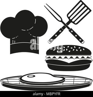 Bianco e nero burger silhouette di cottura impostato. Illustrazione Vettoriale
