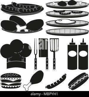 Bianco nero il barbecue per la cottura 15 elemento set silhouette Illustrazione Vettoriale