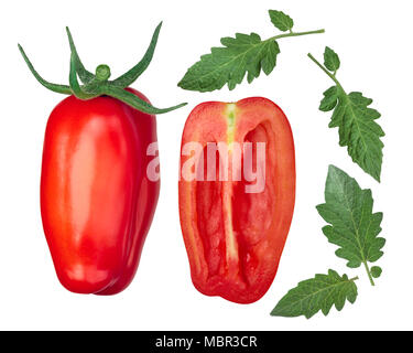 San Marzano lampadina 2 Pomodori, interi e mezza, con foglie Foto Stock