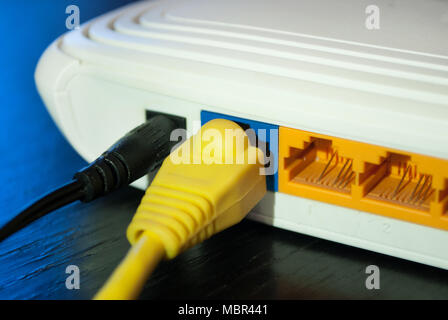 Internet i connettori maschio per cavo sono collegati al router Internet. Close up. Messa a fuoco selettiva. Foto Stock