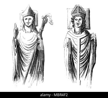 Arcivescovi che hanno servito nella Cattedrale Metropolitical e Chiesa di San Pietro a York, comunemente noto come York Minster. A sinistra è Walter de Grey, fatto arcivescovo nel 1215, che ha ordinato la costruzione di una struttura gotica per confrontare a Canterbury; la costruzione iniziò nel 1220 e continuò fino a quando dichiarato completo e consacrata nel 1472. A destra è il dottor Thomas Savage (1449 -1507) che era un prelato e diplomatico durante il periodo Tudor e servito come cappellano di re Enrico VII, diventando arcivescovo di York nel 1501. Foto Stock