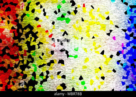 Multicolore sfondo astratto di giallo, verde, nero, rosso e blu irregolari forme poligonali in bianco sullo sfondo a trama Foto Stock