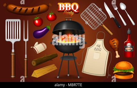 Barbecue set di elementi isolati su sfondo rosso. Il barbecue party. L'estate. Il ristorante di carne a casa. Carbone di legna bollitore con strumenti, salsa e alimenti. Attrezzature di cucina per i menu. La cottura all'aperto. Illustrazione Vettoriale