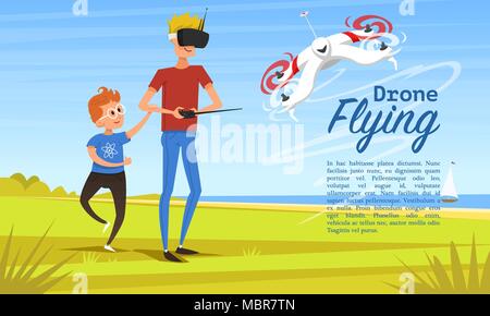 Controllo remoto dello sfondo. Drone moderno concetto di sito web, carta e poster. L'uomo insegna ai bambini di giocare all'aperto nel parco. Robot radio, la tecnologia video. Il pilotaggio multicopter. Drone. Illustrazione Vettoriale